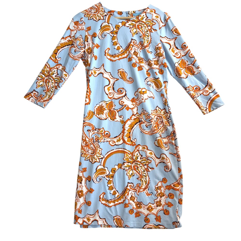 J.McLaughlin Womens Paisley Sheath Dress Blue Orange 3/4 Sleeve Size M 439